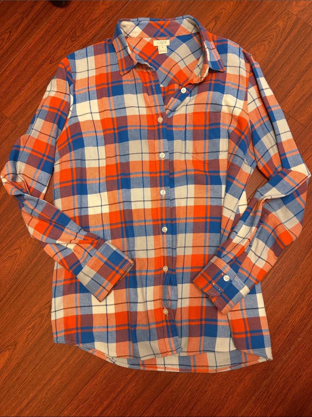JCrew Plaid Button-Up Shirt in Orange, Blue & Cream